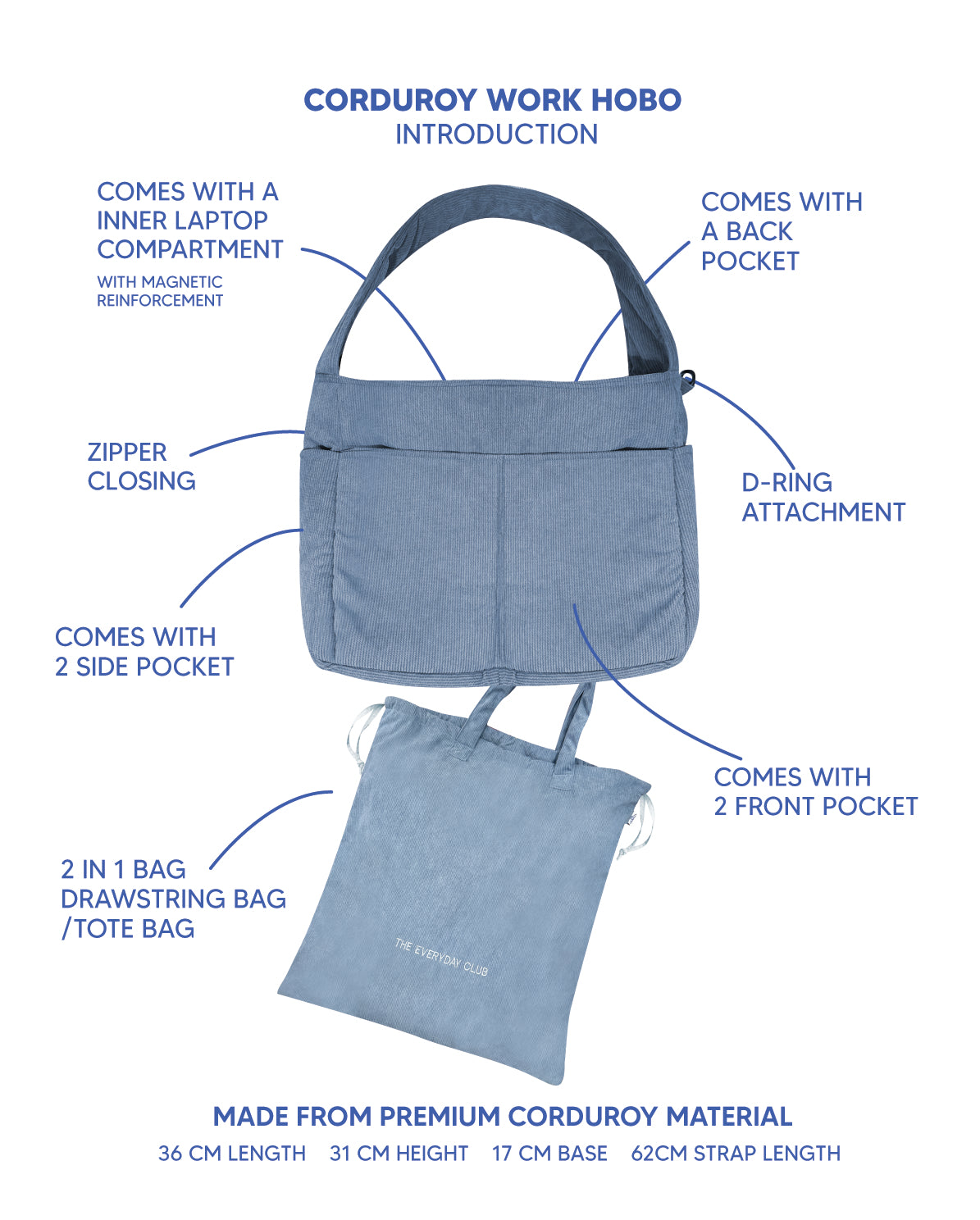 Premium Corduroy Hobo Bag - Work Hobo (Short Strap)