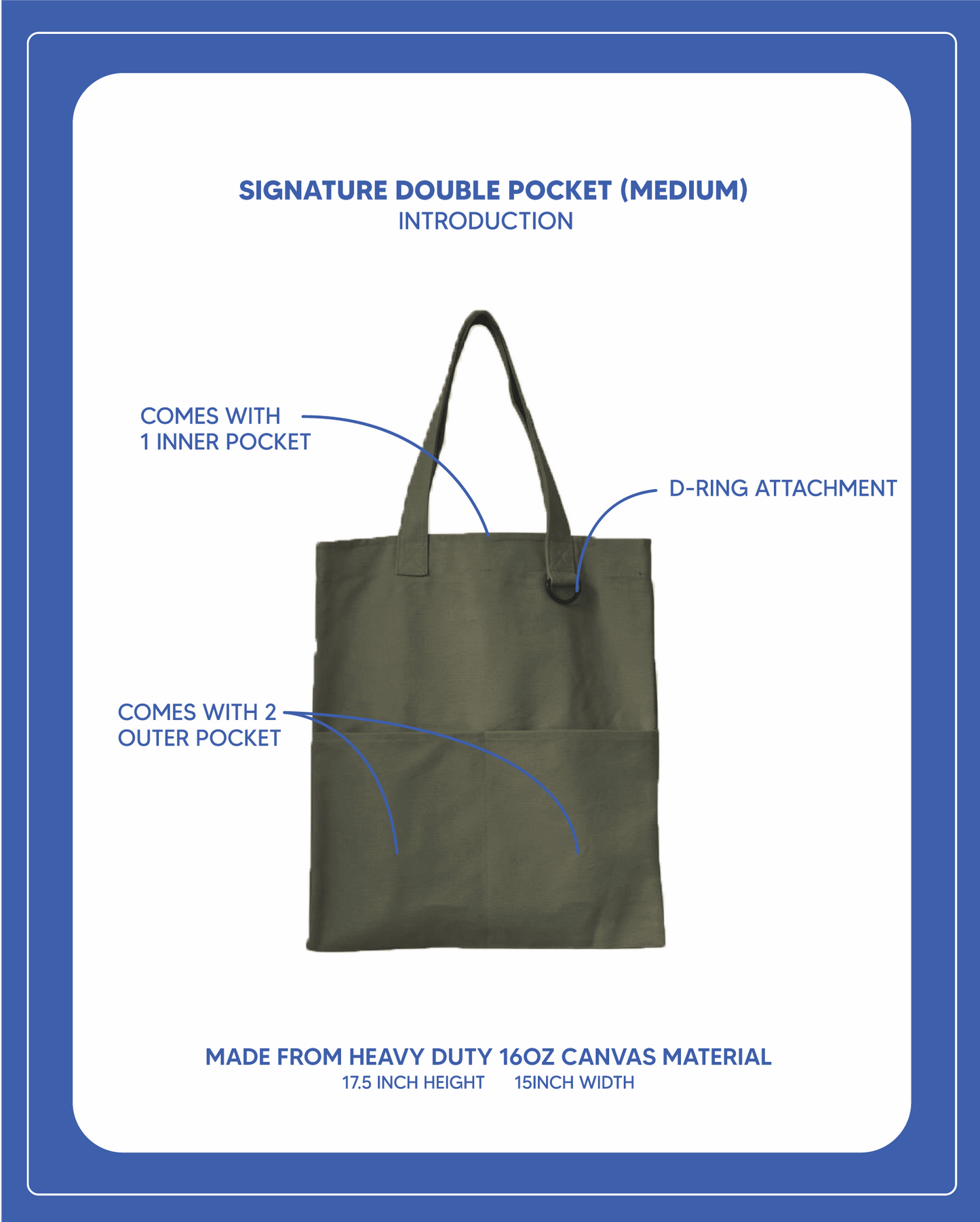 (LIMITED RUN) Double Pocket Signature Tote Medium) - Army Green