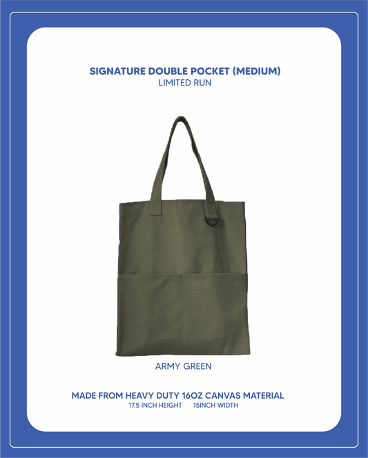 (LIMITED RUN) Double Pocket Signature Tote Medium) - Army Green