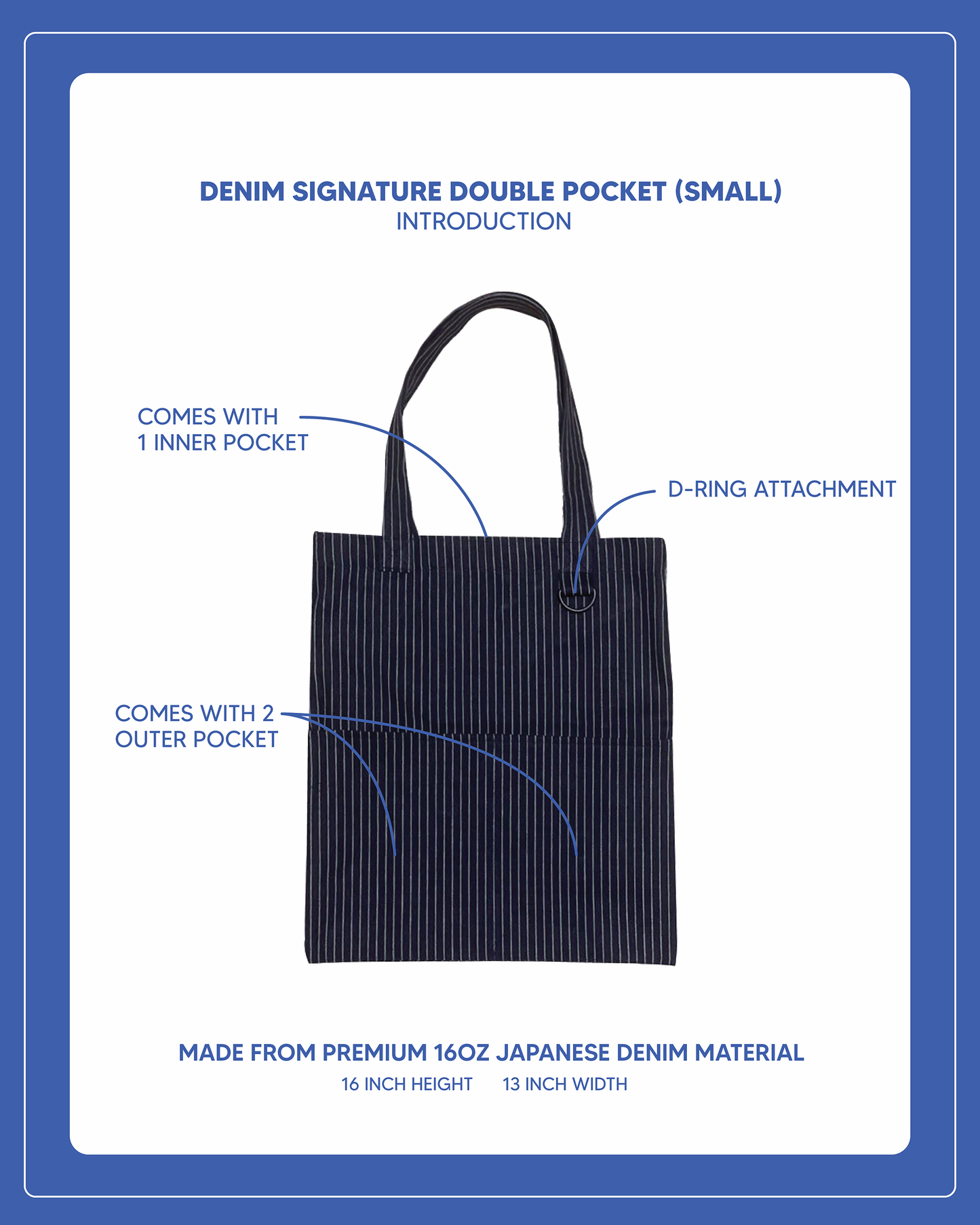 Double Pocket Signature Tote (Small) - Striped Japanese Denim